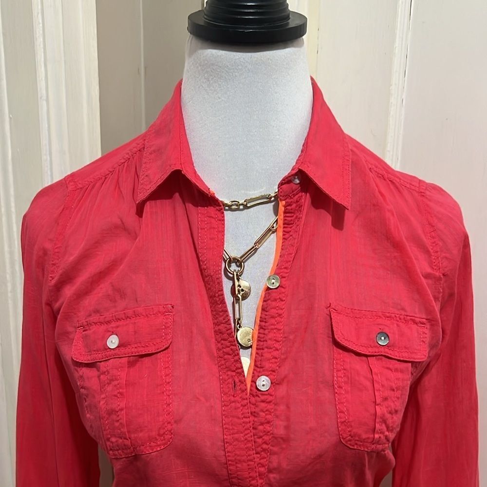 Bright Express Women's Small Melon and Orange Linen Feeling Button Down Shirt
